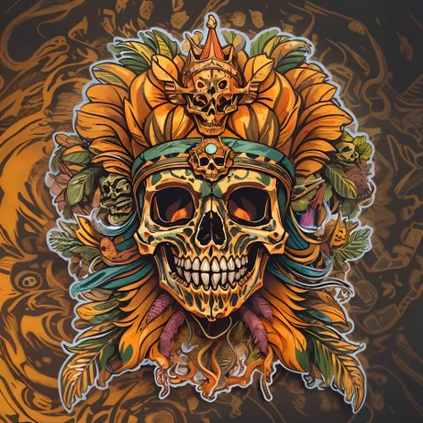 Orange background，Clean background，sticker design，Sticker white border，metal skull，joyful expressions，Peacock feather decoration，Plastic polished surface，Steampunk master creations，fantasy skull, Single Aztec skull, fantasy sticker illustration, Nikos and ...