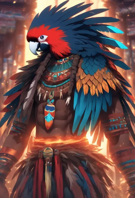 Indigenous Xavante best quality, very high resolution, detailed CG in 4K, masterpiece, Xavante mythology, Indigenous Xavante, Guaraci, macaw parrot feathers, Brazilian native, indigenous, standing pose, Mayan clothes, aesthetics, ((XAVANTE)) beautiful imag...