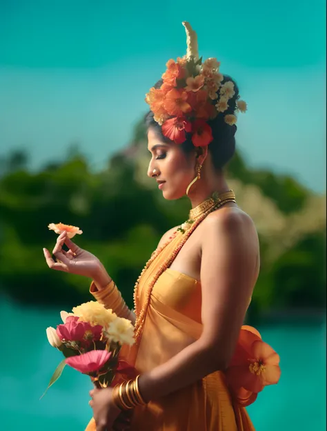 there is a woman in a dress holding a flower and a cell phone, inspired by Raja Ravi Varma, flower goddess, portrait shot, promo image, matte painting portrait shot, photo taken with nikon d750, photo taken with nikon d 7 5 0, indian goddess, film promotio...