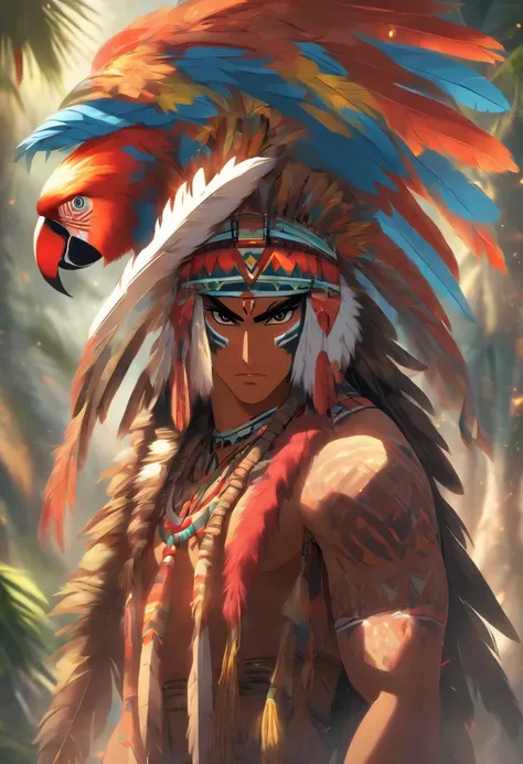 Indigenous Xavante best quality, very high resolution, detailed CG in 4K, masterpiece, Xavante mythology, Indigenous Xavante, Guaraci, macaw feathers, Brazilian native, indigenous, standing pose, Mayan clothes, aesthetics, ((XAVANTE)) beautiful image , cen...