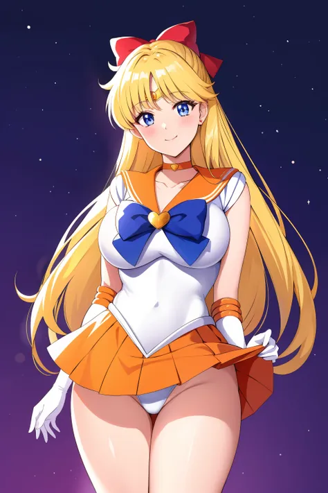 Sailor Senshi Uniform, Anime Aunt, A MILF, skirt, aino minako, solo, bow, white glove, sailorvenus, Blonde woman with very long hair, elbowgloves, Red ribbon on head, Orange sailor collar, Golden sailor collar, back_bow, Orange choker, Golden Choker, jewel...