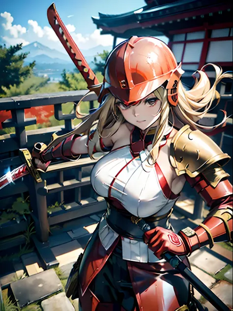 Red Dragon、Fight the enemy、Girl in Red Armor、Japanese sword in hand、Japan red armor on the torso、Red helmet on the head