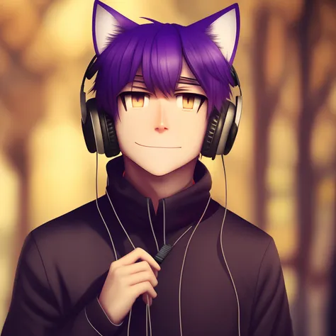 Blonde cat ears male purple adorable eyes near white embarrassed expression hanging headphones around neck