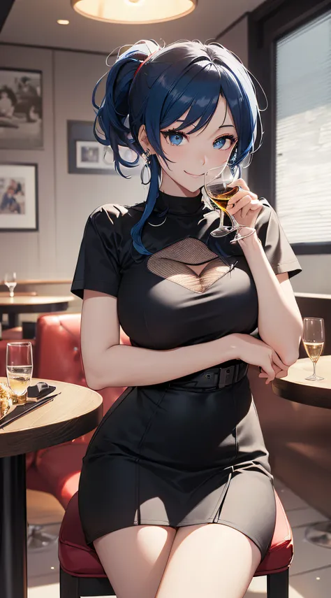 top-quality、Top image quality、​masterpiece、girl with((cute little、18year old、Best Bust、Medium bust、Bust 85,Beautiful blue eyes、Breasts wide open,Black Short Sleeve T-Shirt、White see-through、Black short skirt、Ponytail with black hair、Smile Face、Beautiful bl...