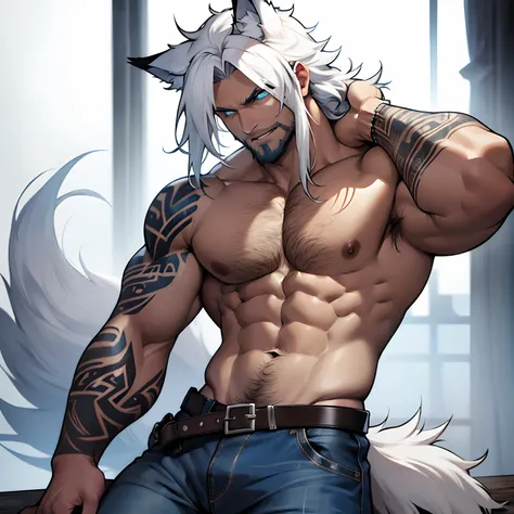 Muscular shirtless male wearing just a pair of torn jeans, has long white hair, has wolf ears, has light beard stubble, has wolf tail, solo, alone, (SOLO)(ALONE) shirtless, no shirt, (SHIRTLESS)(NO SHIRT), flexing, mystic backround, covered in tribal tatto...