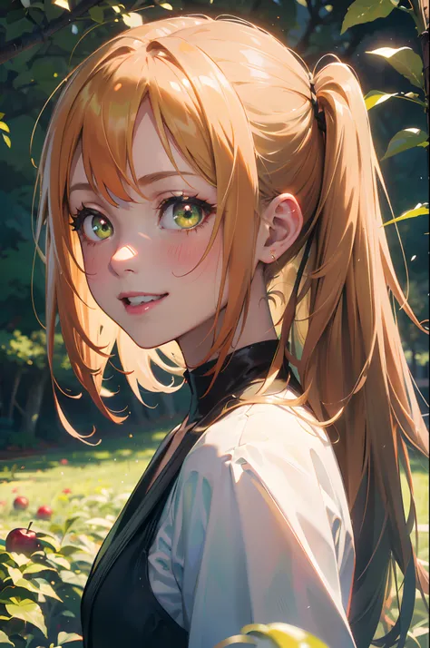 a 20 yo woman、Orange hair,Glowing green eyes,Side Ponytail、Big smile、Onepiece、(hi-top fade:1.3)、dark themed、Muted Tones、Subdued Color、highly contrast、Green meadow background、Have autumn fruits、apple、(natural skin textures、Hyper-Realism、Soft light、sharp)