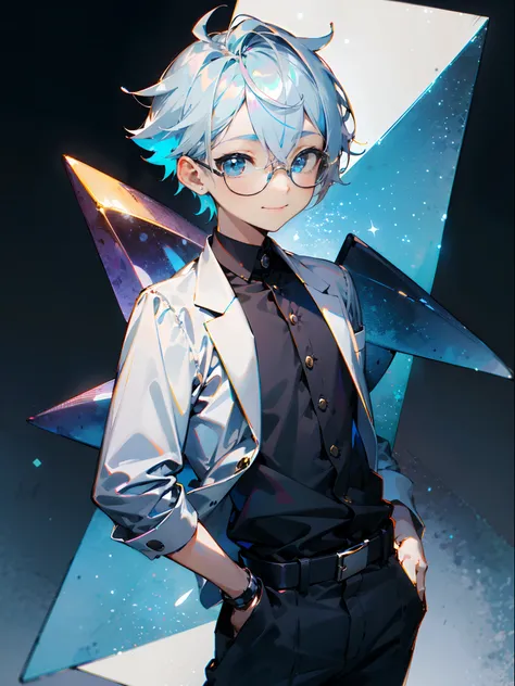 (Male child, eye glasses,blue eyess，A smile, silber hair)，独奏、Iridescent background、Leader Model Pose