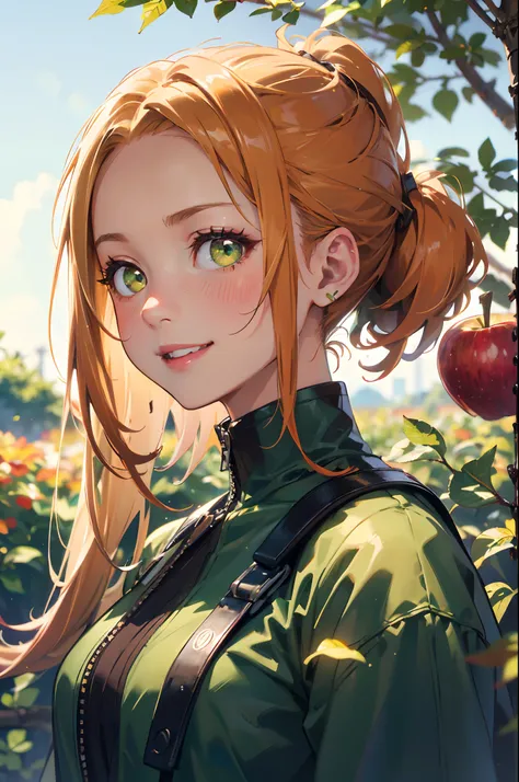 a 20 yo woman、Orange hair,Glowing green eyes,Side Ponytail、Big smile、Onepiece、(hi-top fade:1.3)、dark themed、Muted Tones、Subdued Color、highly contrast、Green meadow background、Have autumn fruits、apple、(natural skin textures、Hyper-Realism、Soft light、sharp)