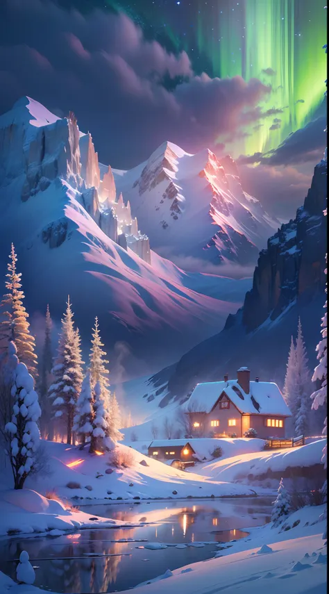 best quality,a high resolution,(masterpiece:1.2),ultra-detailed,northern lights, towering snow-capped mountains, cottage house c...