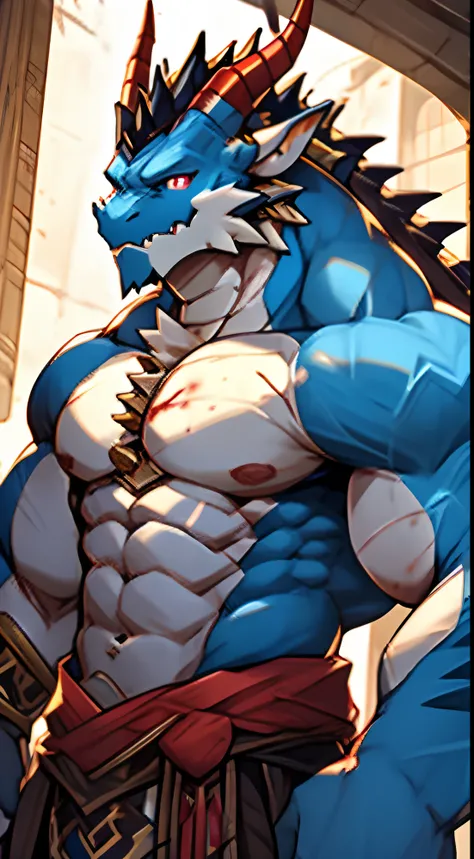 Blue Dragon Orcs，The dragon horn is light gold, and there is a little light blue at the end of the dragon horn，The eyes are blood-red，There are abs，male