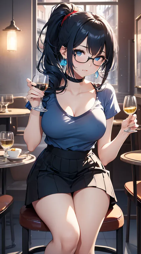 top-quality、Top image quality、​masterpiece、girl with((cute little、18year old、Best Bust、Medium bust、Bust 85,Beautiful blue eyes、Breasts wide open,Black Short Sleeve T-Shirt、White see-through、Black short skirt、Ponytail with black hair、Beautiful blue earrings...