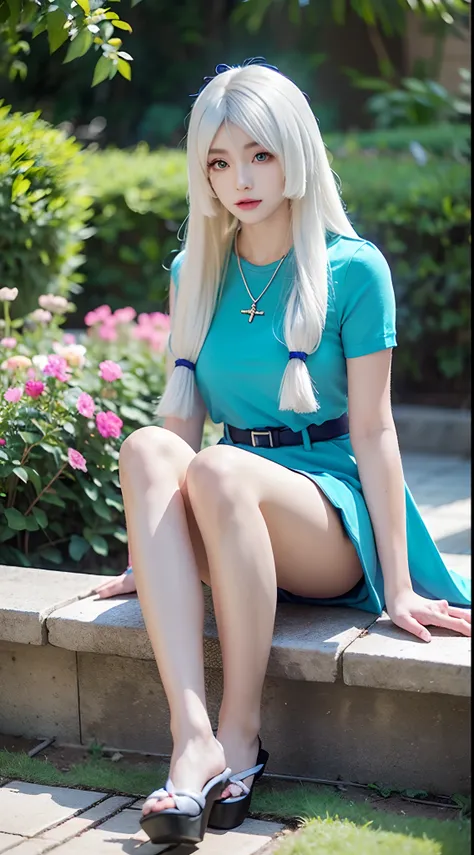 HDR,Detail ,Kagura mobile legends, Long silky white hair, blue eyes, wearing a necklace, looking at viewer, Soft white t-shirt, black short skirt, sitting in the flower garden