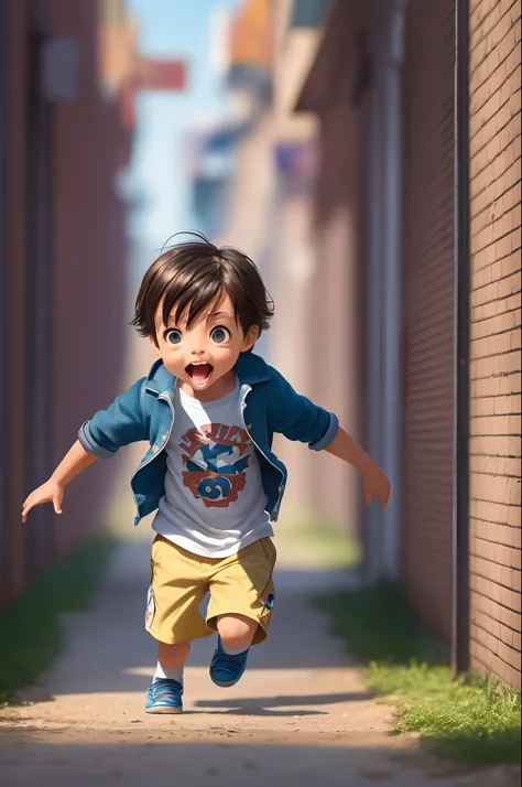 First perspective, a little boy runs towards you in surprise, mouth open, full body, behind him is a dreamy animated world, high-definition characters, blurred background, Pixar style, -ar 16:9 --auto --s2