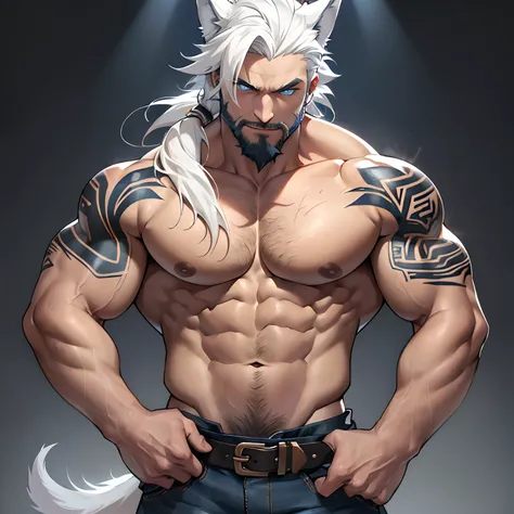 Muscular shirtless male wearing just a pair of torn jeans, has long white hair, has wolf ears, has light beard stubble, has wolf tail, solo, alone, (SOLO)(ALONE) shirtless, no shirt, (SHIRTLESS)(NO SHIRT), flexing, mystic backround, covered in tribal tatto...