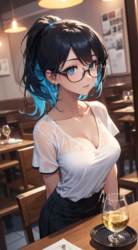 top-quality、Top image quality、​masterpiece、girl with((cute little、18year old、Best Bust、Medium bust、Bust 85,Beautiful blue eyes、Breasts wide open,Black Short Sleeve T-Shirt、White see-through、Black short skirt、Ponytail with black hair、Beautiful blue earrings...