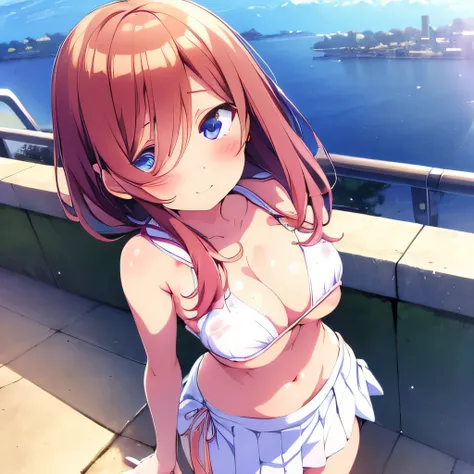 Best Quality, masutepiece,Ultra-detailed, Cute little girl s, 1girl in, Solo, a sailor suit, (Windflip skirt), (Glimpse white panties through skirt), Looking at Viewer, Smile, On the rooftop, From  above, city, casual, Detailed cute face, ((Open chest)), (...