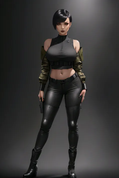 beautiful girl, ((standing:1.4)), (confident gaze:1.1), full body, short black hair, ((seductive pose:1.2)), black eyeshadow, (military wear:1.2), ((tight fitted combat camo pants)), ((ankle leather military boots)), (dark city night black background:1.4),...