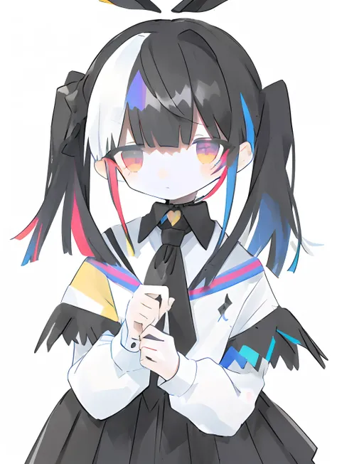 A girl with multicolored black hair and rainbow standing with hands next to, alta resolução, ventoso, blank expression, espera