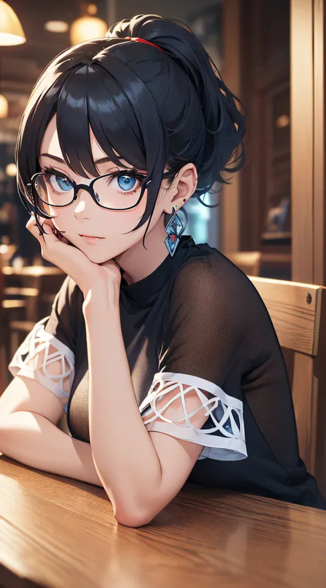 top-quality、Top image quality、​masterpiece、girl with((cute little、18year old、Best Bust、Medium bust、Bust 85,Beautiful blue eyes、Breasts wide open,Black Short Sleeve T-Shirt、White see-through、Black short skirt、Ponytail with black hair、Beautiful blue earrings...