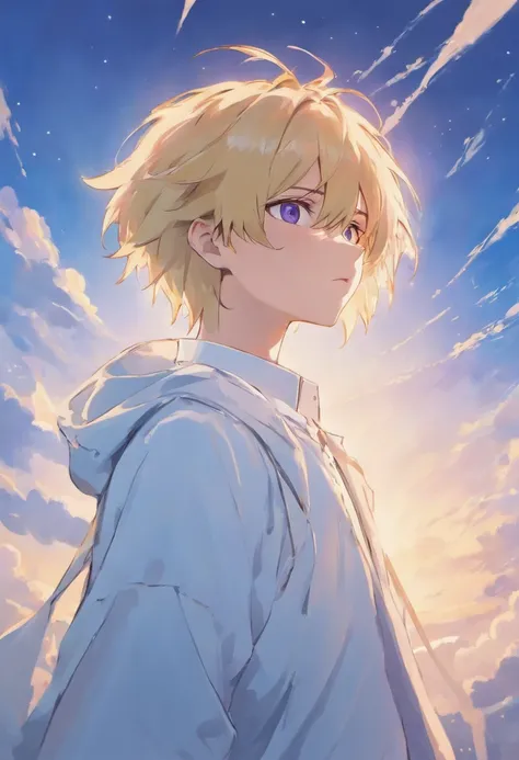 Boy Blonde Purple Eyes Blue Sky White Clothes