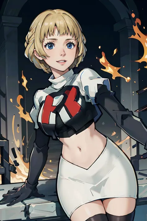 face of ingrid_academy (fire emblem: three houses),1girl,team rocket,team rocket uniform,white skirt,white crop top,black thigh-...