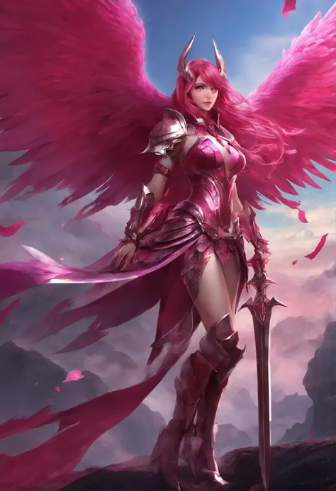 Full body artwork of an evil anime Valkyrie with a huge, sharp demonic spear and wings in blood-red Valkyrie knight armor, Sie fliegt unter einem dunklen Himmel, bats, Blutrote Augen, Blutmond im Hintergrund, Mika Kurai Demon, Shalltear Bloodfallen, fuchsi...