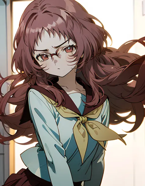 masterpiece, best quality, miewz, glasses, long hair, serafuku, sailor collar,yellow neckerchief, white shirt, purple eyes, scho...