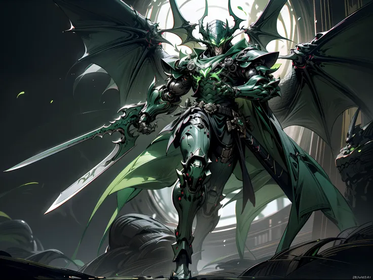 Dark_fantasy,Cyberpunk,1人,Full body like，Mechanical Wonder,Robotic presence,cybernetic guardians,The Dark Knight Black Mechanical Armor,Green glowing stripes， Robust body，Wearing a great sword on his back, The demons，drak，hell， absolutely stunning art,Wear...