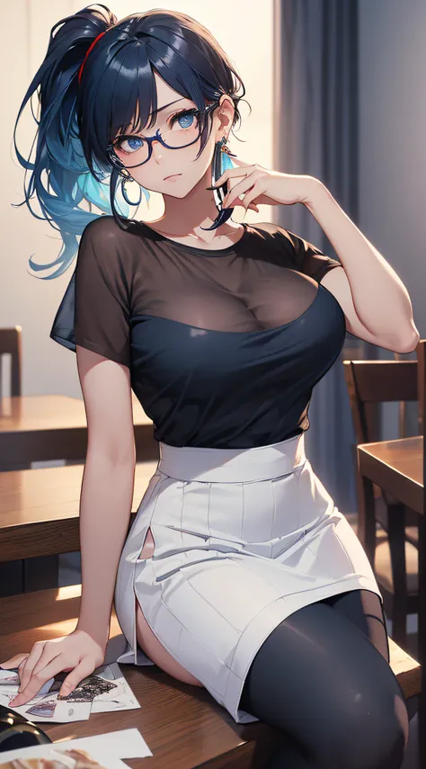 top-quality、Top image quality、​masterpiece、girl with((cute little、18year old、Best Bust、Medium bust、Bust 85,Beautiful blue eyes、Breasts wide open,Black Short Sleeve T-Shirt、White see-through、Black short skirt、Ponytail with black hair、Beautiful blue earrings...