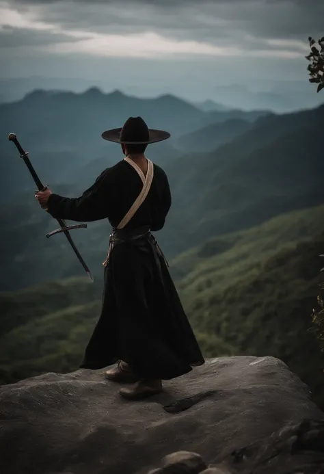 There was a man standing on top of a mountain.,Put on a patio hat.,Hand Held Sword,Wearing a black Monggong dress.,Standing on top of Mount Fireawai fighting with another man.