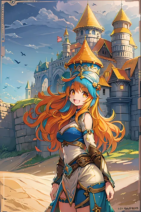 masutepiece, Best Quality, Solo, 1girl in, Orange hair, Blue hair, :D, Orange dress, Looking at Viewer, Outdoors, Sand, sand dunes, Huge castle, diadems, Standing, Full body, Cowboy Shot, Hands on hips,