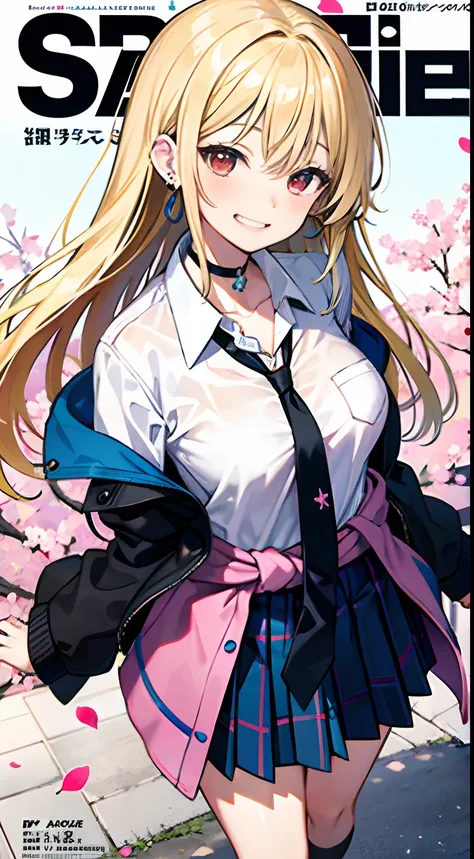 masterpiece, best quality, full body, 1girl, bangs, black choker, black necktie, blonde hair, blue skirt, blush, bracelet, breasts, choker, clothes around waist, collarbone, collared shirt, cowboy shot, dress shirt, ear piercing, eyebrows visible through h...