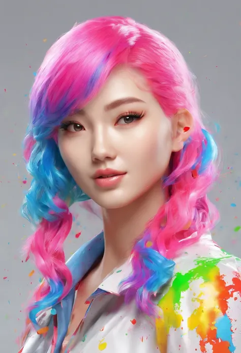 (Masterpiece, Best Quality, High Resolution), White Background, ((Paint Splash, Color Splash, Splash of Ink, Color Splash)), Sweet Chinese Girl, Rainbow Hair, Pink Lips, Front, Upper Body