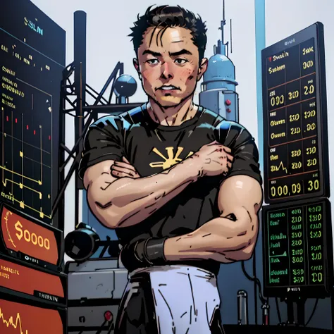 Generate a digital image of Elon Musk in a confident pose, arms folded, wearing a black T-shirt with the inscription "PERMACOIN" sur la poitrine. The background of the stage should represent a real financial trading room ., with characteristic elements suc...