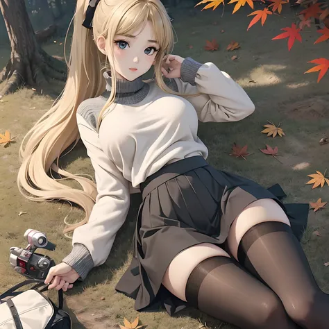 masuter piece, Best Quality, Realistic anime、8K Wallpapers, (beautidful eyes), ((Beautiful)), (lovely) ,(((1girl in))),(Angle seen from above)、23years old,(Anime girl lying on the ground in a leaf, 🍁 (Blonde long ponytail))、large full breasts、Soft light、（e...