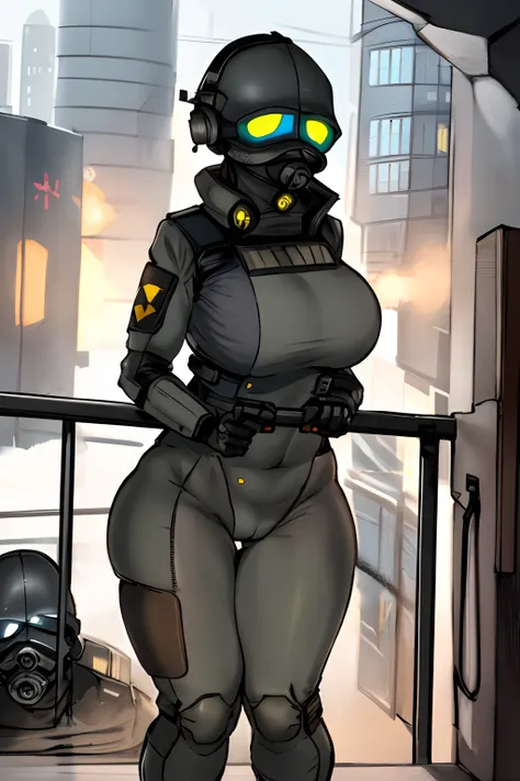 combine soldier, 1girl, solo, standing, helmet, gloves, looking at viewer, facing viewer, military, science fiction, city, russia, gas mask, large breasts, wide hips, thicc thighs, no clothes,