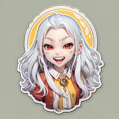 (Sticker),Yellow background,(in circle), (3D anime vampires), long layered silvery white hair,Red eyes，Teeth are exposed，joyful expressions，(cute clothing).Gold border,Simple, Ultra detailed, Detailed drawing, vectorised, Silhouette, 8K, professional stick...