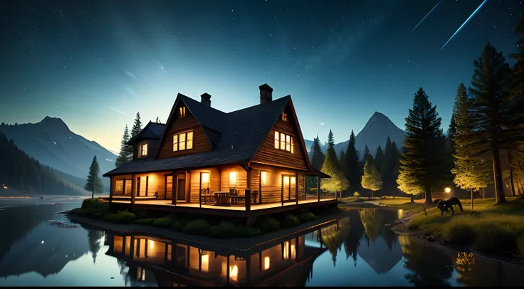 (GothicHorrorAI android), HDR, photorealism, masterpiece quality, best quality, mountains, pond, firefly, night, a wooden house