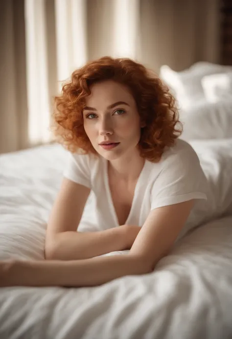 beautiful woman with pale skin, a round face and short curly ginger hair. wearing a white t shirt and denim shorts lying on a bed