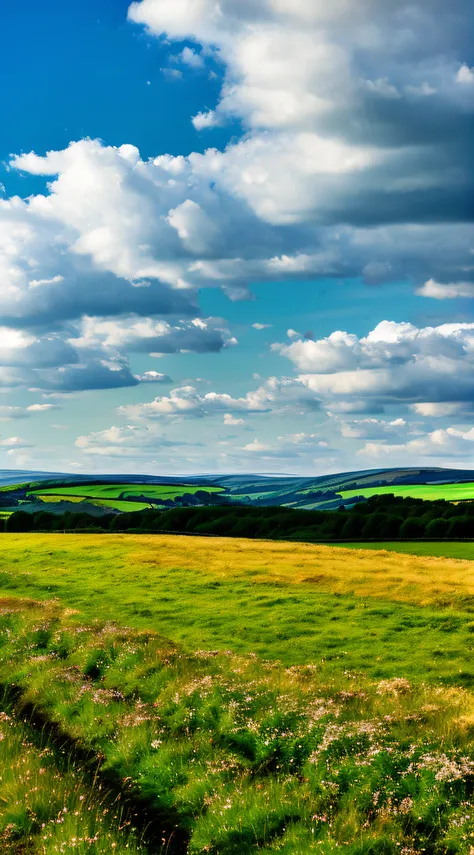 steppe landscape，blues sky and clouds,  green forest, Dingdall effect，a country road，Colorful hot air balloons，high quality desktop wallpaper, verdant forest, detailed fields nature, beautiful english countryside, Stunning landscape, Rolling hills, Landsca...