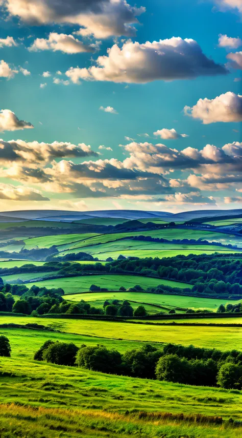 steppe landscape，blues sky and clouds,  green forest, Dingdall effect，a country road，Colorful hot air balloons，high quality desktop wallpaper, verdant forest, detailed fields nature, beautiful english countryside, Stunning landscape, Rolling hills, Landsca...