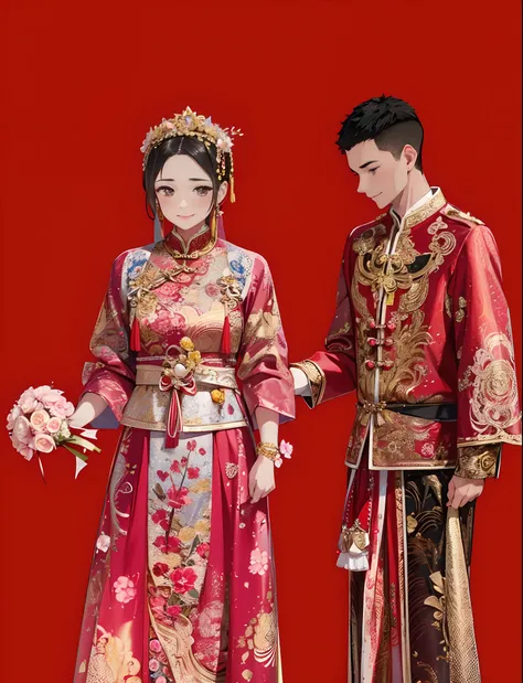 high qulity,Portraits of cute boys and girls,adolable,ssmile,The head girl holds a bouquet of flowers in her left hand,Wearing gold jewelry,Right hand pulling skirt Chinese wedding,wonderful dress,delicated,detail-rich,Cute boy,Cartoon anime style,8K,Corre...