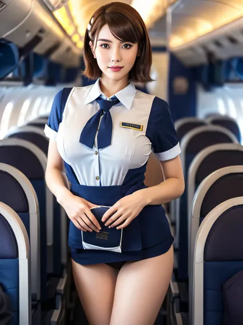 1womanl, 20yr old、hyperdetailed face、Detailed lips、A detailed eye、二重まぶた、with round face、(Brown hair、short-hair、Bob hair、Like an airplane stewardess々Do a good job)、(Stewardess uniform:1.2)、(Glamorous body)、(Colossal tits)、Middle chest、smil、Gentle expression...