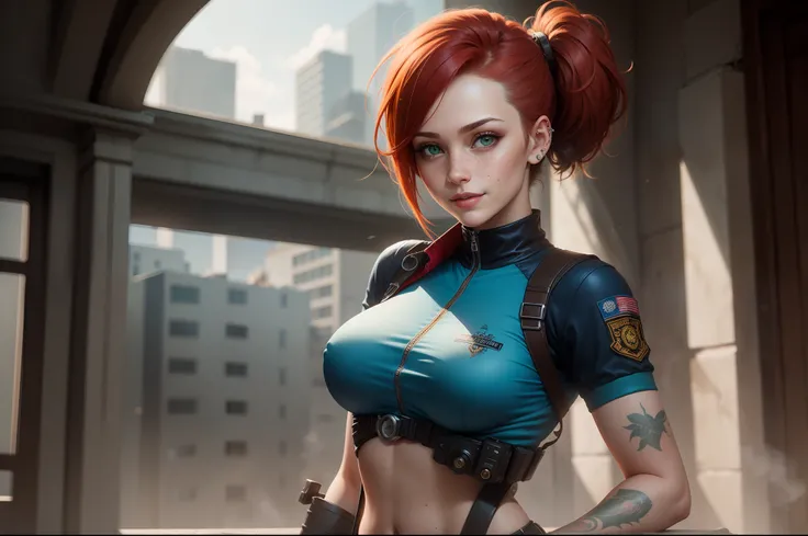 gwen tennyson,1girl,tracer,jill valentine, rebecca chambers,overwatch,resident evil,close up,mecha pilot,body paint, haunted mansion,tattoos,blue and gray plugsuit,hair pin,white short sleeve silk top,steel cargo pants,uncovered belly,short hair,cute makeu...