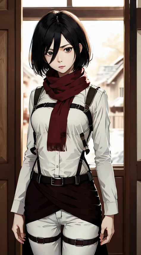 masterpiece, best quality, highres, hmmikasa, short hair, black eyes, scarf, belt, thigh strap, red scarf, white pants, white shirt, standing, cowboy shot,