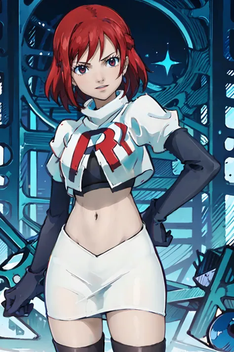 face of Erza Scarlet (Fairy Tail), 1girl,team rocket,team rocket uniform, red letter R, white skirt,white crop top,black thigh-highs,black elbow gloves, proud smile