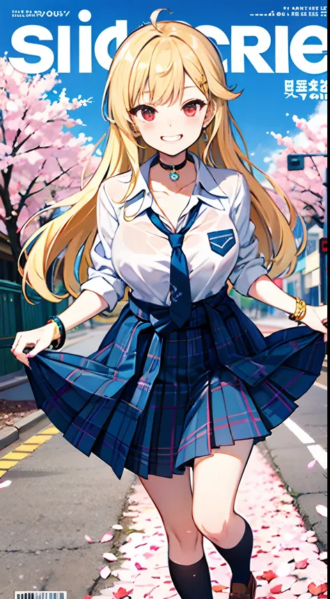 masterpiece, best quality, full body, 1girl, bangs, black choker, black necktie, blonde hair, blue skirt, blush, bracelet, breasts, choker, clothes around waist, collarbone, collared shirt, cowboy shot, dress shirt, ear piercing, eyebrows visible through h...