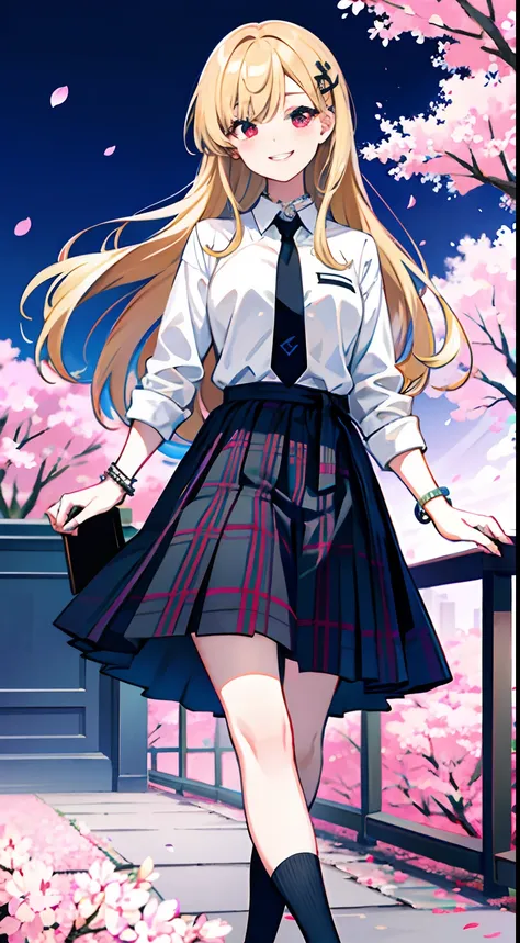 masterpiece, best quality, full body, 1girl, bangs, black choker, black necktie, blonde hair, blue skirt, blush, bracelet, breasts, choker, clothes around waist, collarbone, collared shirt, cowboy shot, dress shirt, ear piercing, eyebrows visible through h...