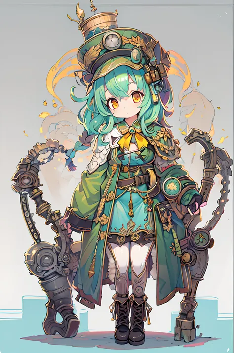 ((Live 2D))  masutepiece, 1girl in, Full body, standing straight, Steampunk clothes, military outfits, Looking at Viewer, Detailed face, Girl with green wavy hair, Bangs, Metal sheep horns, Gradient Hair, multicolored hair, light green hair, Turquoise Hair...