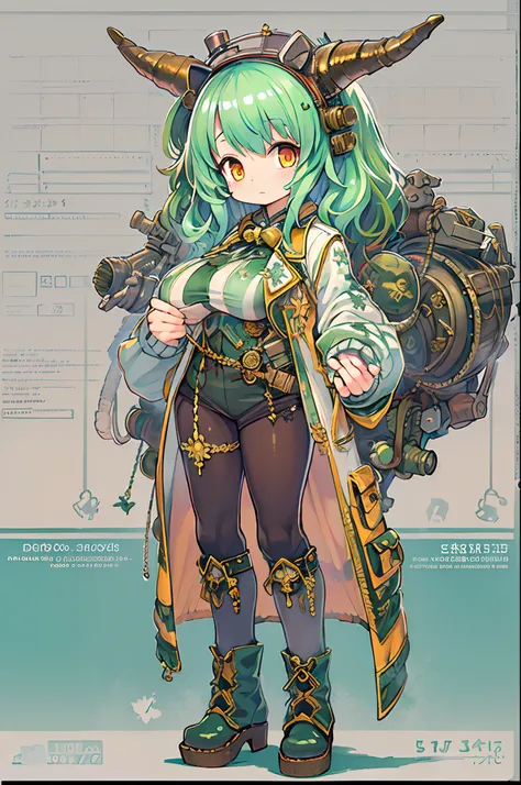 ((Live 2D))  masutepiece, 1girl in, Full body, standing straight, Steampunk clothes, military outfits, Looking at Viewer, Detailed face, Girl with green wavy hair, Bangs, Metal sheep horns, Gradient Hair, multicolored hair, light green hair, Turquoise Hair...